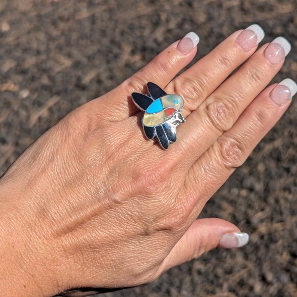 Genuine Native American Jewelry Zuni Ring Hummingbird Style Tribal sz 7.5 *** - Picture 6 of 11